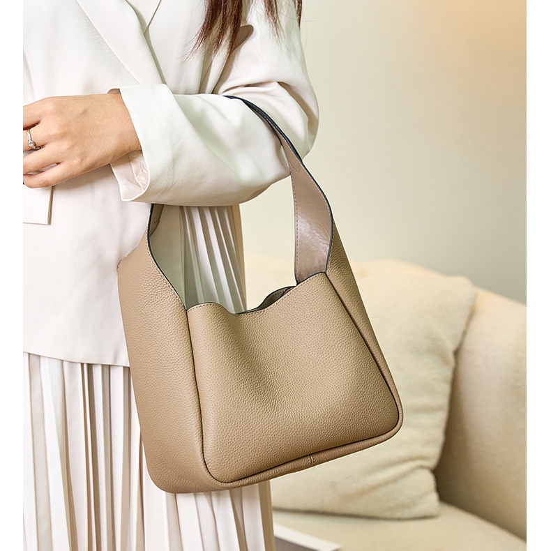 Women's Grey Litchi Grain Leather Shoulder Hobo Bag
