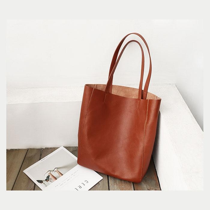 Women's Brown Vertical Genuine Leather Tote Bag Shoulder Shopper Bags