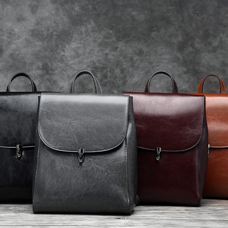 Women's Burgundy Flap Lock Leather Backpack handbags with Top Handle