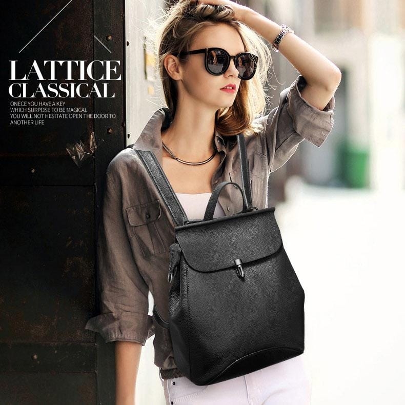 Women's Chic Black Flap Litchi Grain Leather Backpack with Top Handle