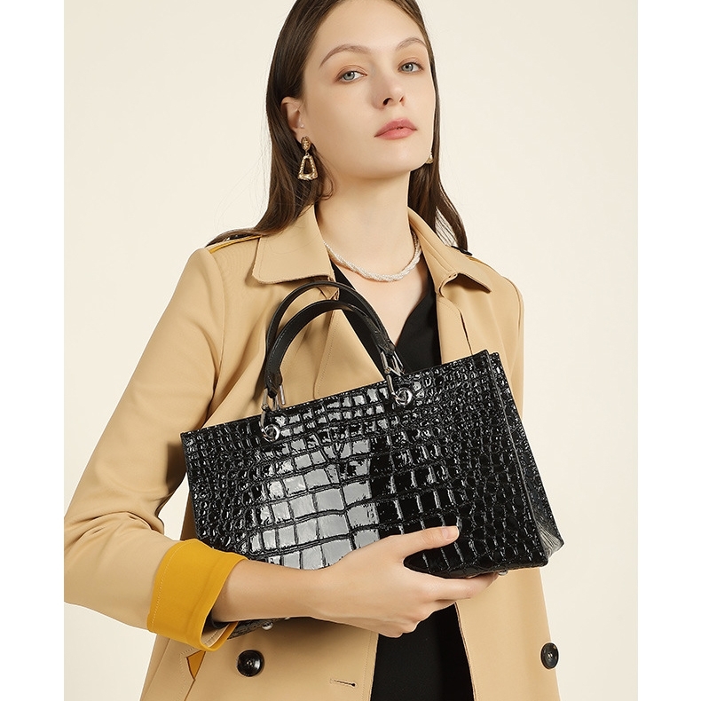 Women's Black Croc Printed Leather Handbags Mini Tote