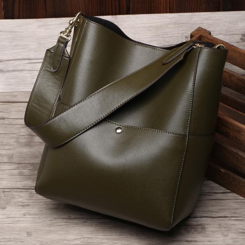 Women's Green Genuine Leather Shoulder Bucket Bag with Wide Strap 