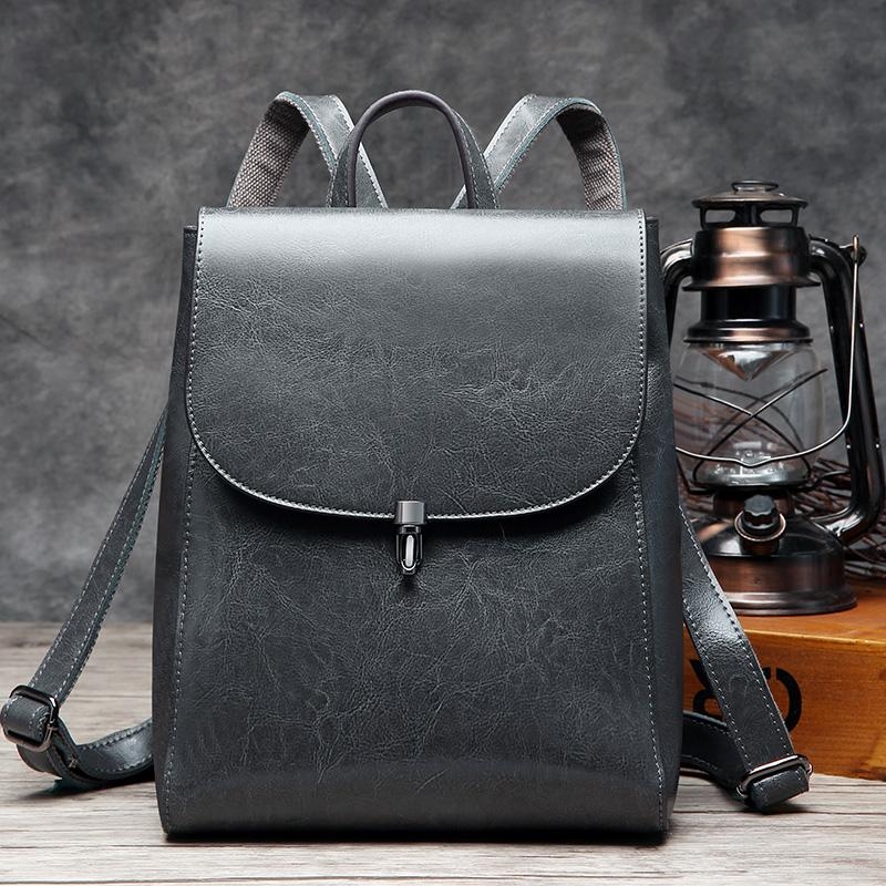 Women's Grey Flap Lock Leather Backpack handbags with Top Handle