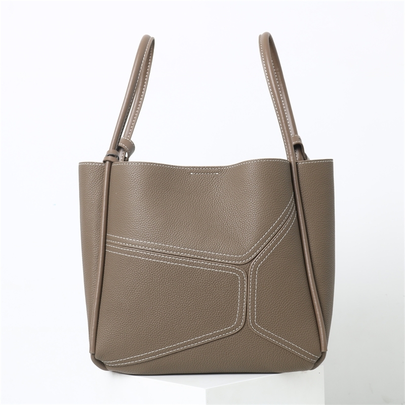 Women's Grey Leather Bucket Handbag Shoulder Tote Bag with Inner Pouch
