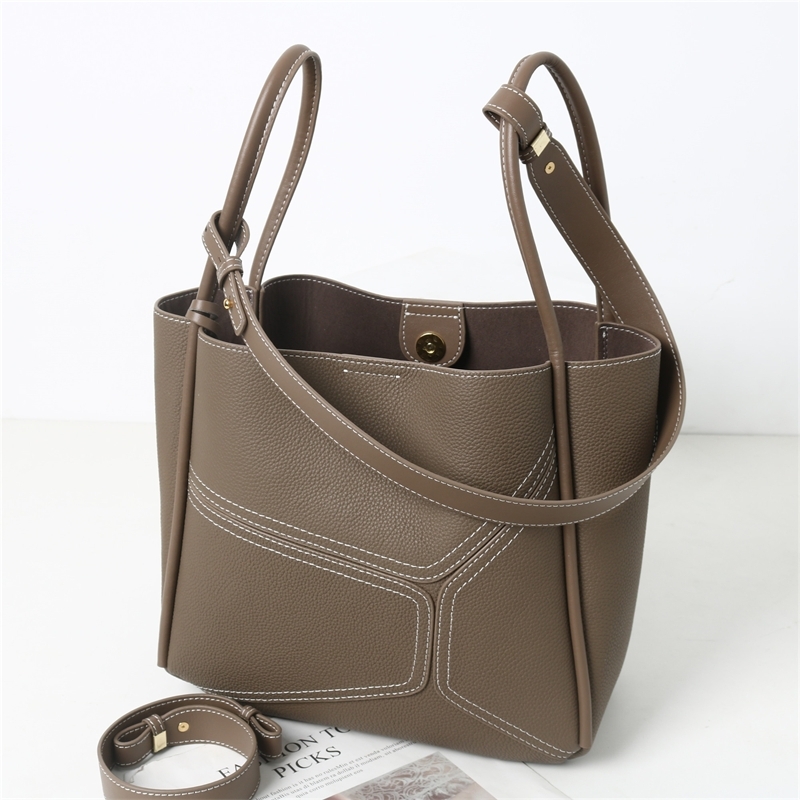 Women's Grey Leather Bucket Handbag Shoulder Tote Bag with Inner Pouch