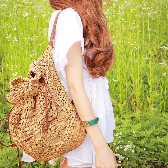Women's Ivory Straw Backpack Bohemia Summer Bag for Travelling