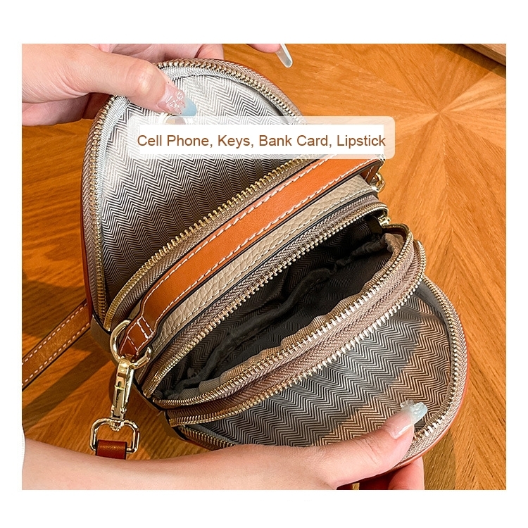 Women's Khaki Leather Multilayer Elliptical Crossbody Mobile Phone Mini Bag