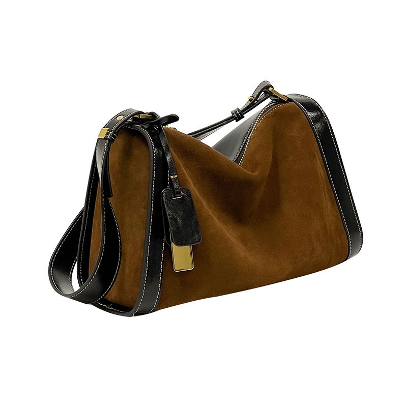 Women's Khaki Suede Leather Shoulder Boston Bags