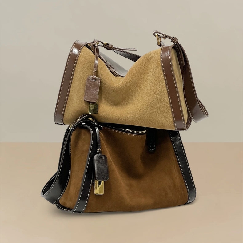Women's Brown Suede Leather Shoulder Boston Bags