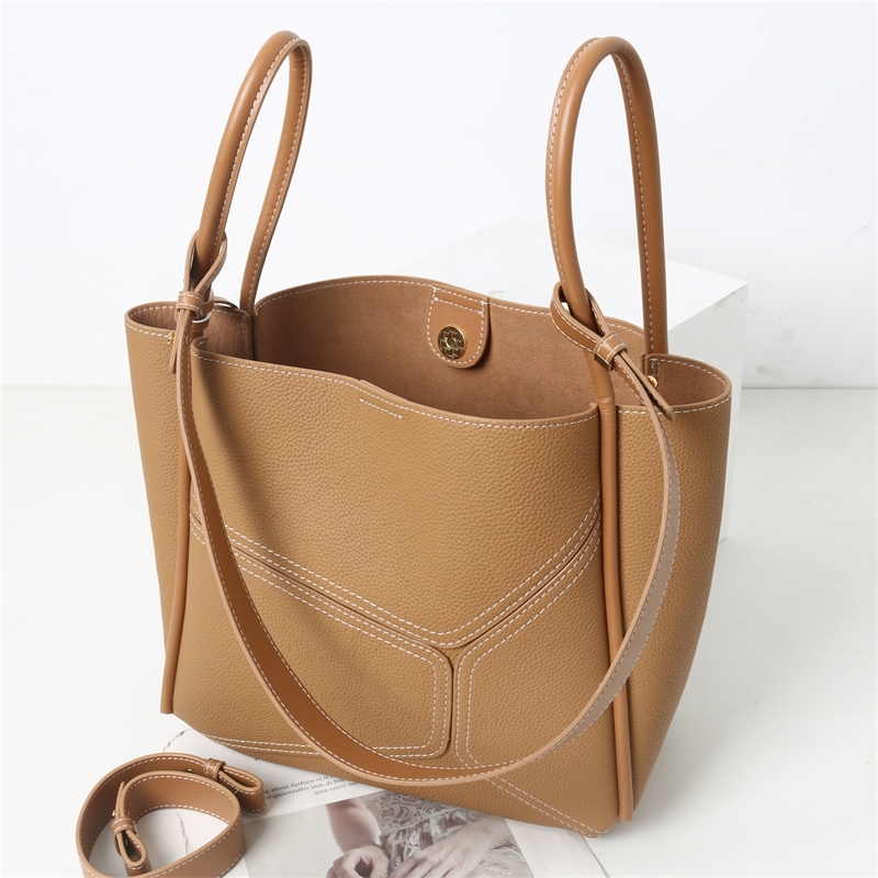 Women's Leather Beige Bucket Handbag Shoulder Tote Bag with Inner Pouch