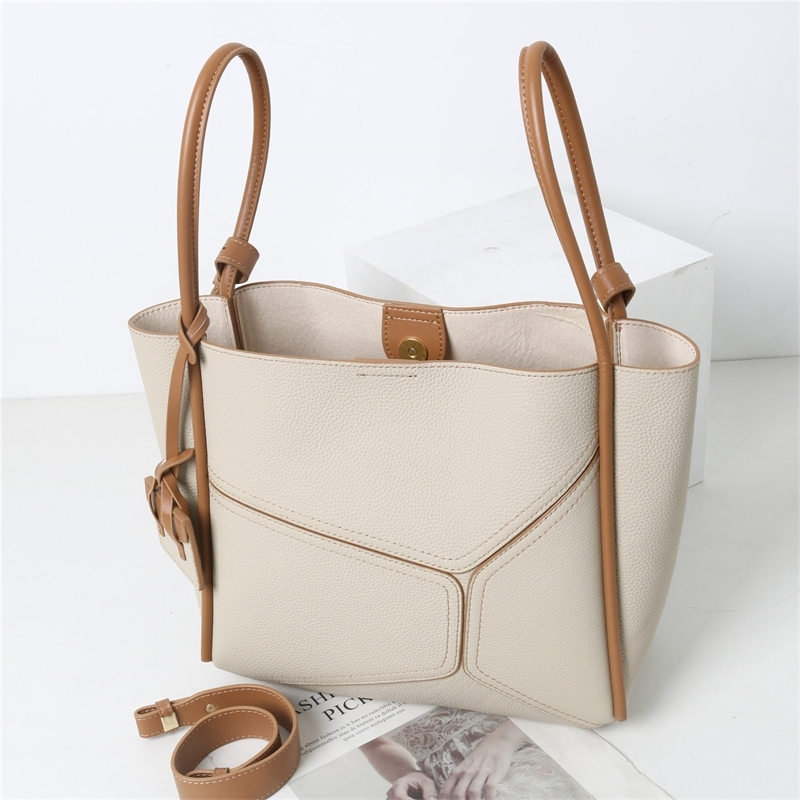 Women's Leather Beige Bucket Handbag Shoulder Tote Bag with Inner Pouch