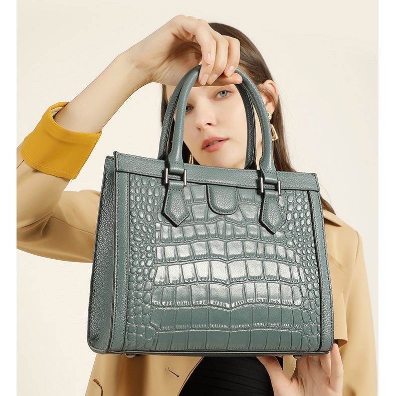 Women's Blue Leather Croc-Printed Leather Handbag Mini Tote Bag