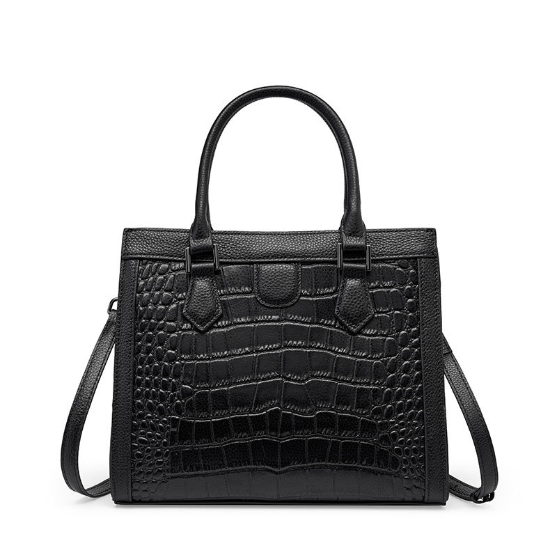 Women's Black Leather Croc-Printed Leather Handbag Mini Tote Bag