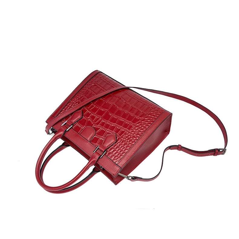 Women's Red Leather Croc-Printed Leather Handbag Mini Tote Bag