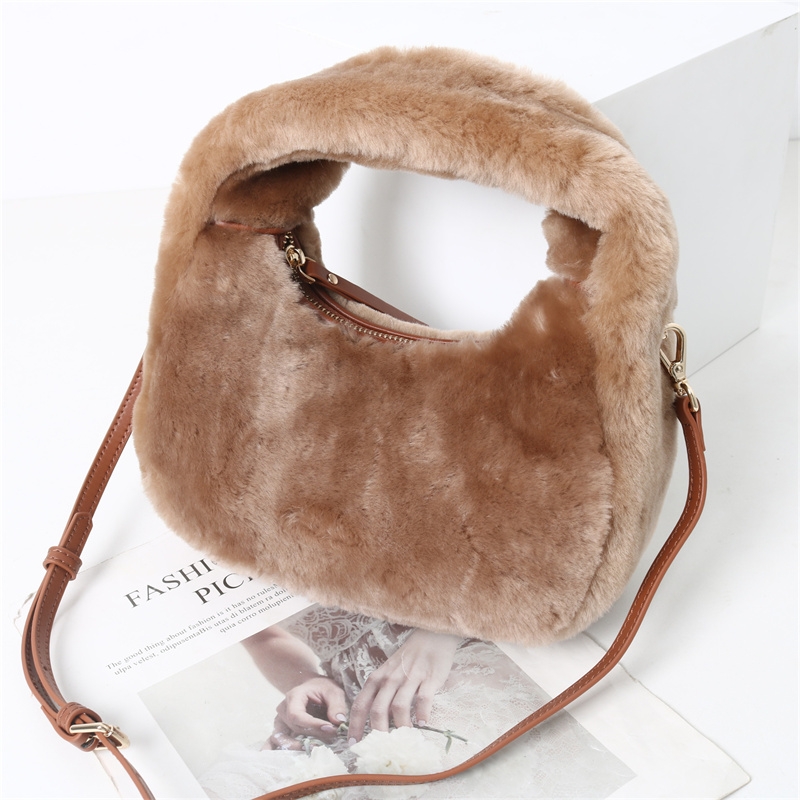 Women's  Khaki Lambswool Hobo Bag Furry Shouler Bag