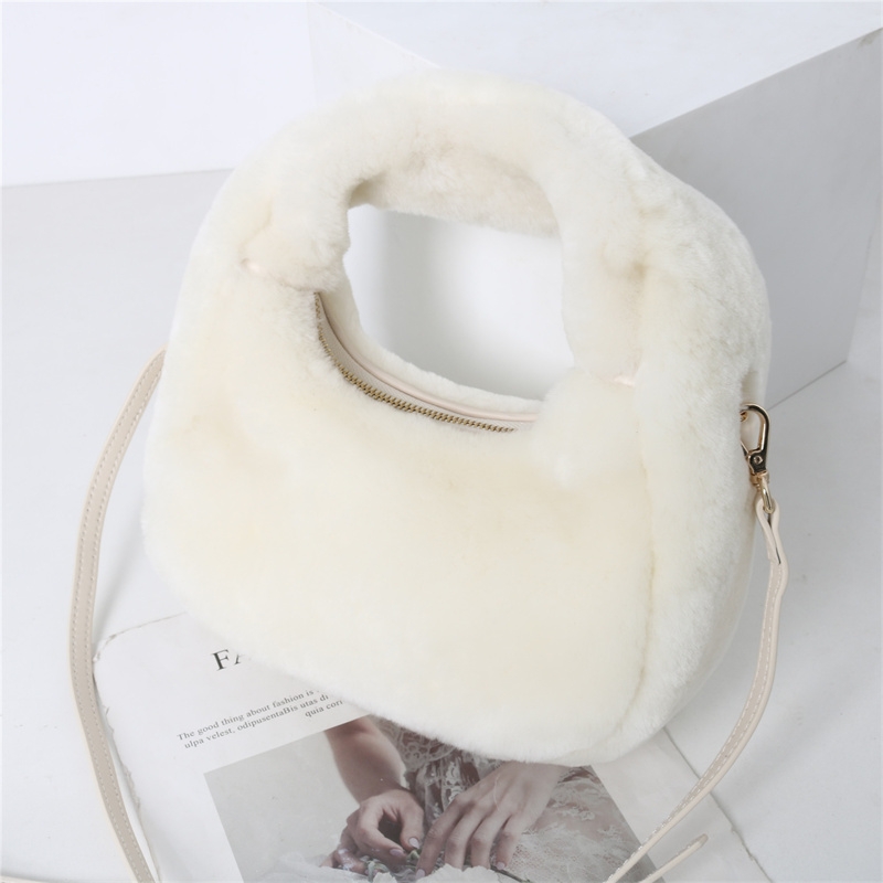 Women's White Lambswool Hobo Bag Furry Shouler Bag