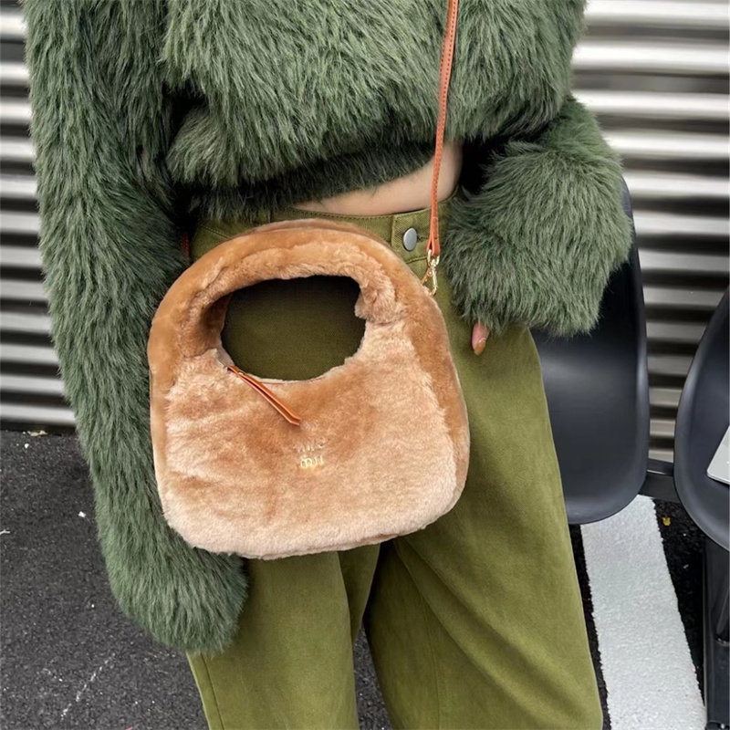 Women's  Khaki Lambswool Hobo Bag Furry Shouler Bag