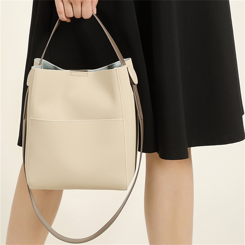 Women's Beige Leather Bucket Bag Large Capacity Handbag