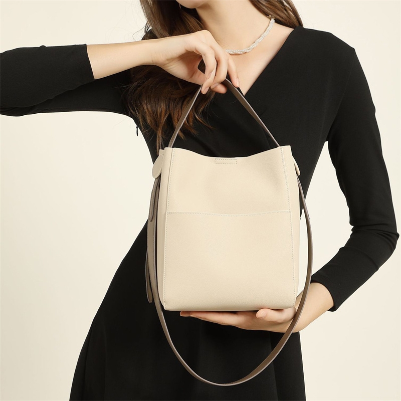 Women's Apricot Leather Bucket Bag Large Capacity Handbag