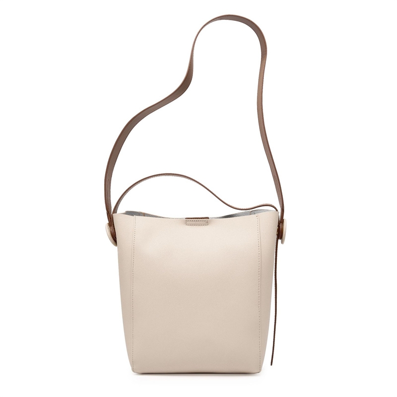 Women's Beige Leather Bucket Bag Large Capacity Handbag
