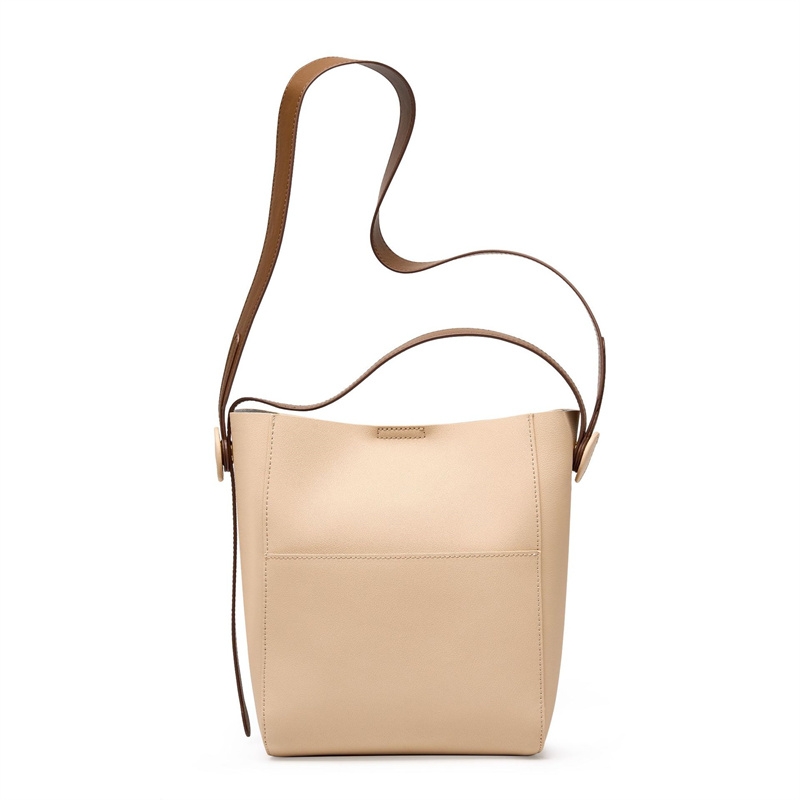 Women's Apricot Leather Bucket Bag Large Capacity Handbag