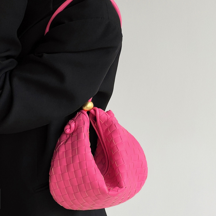 Women' Pink Leather Woven Half Moon Shoulder Bags