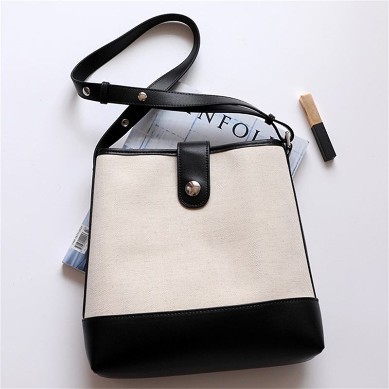 Womes's Black Leather and Canvas Bukect Shoulder Bag Ins Style Handbag