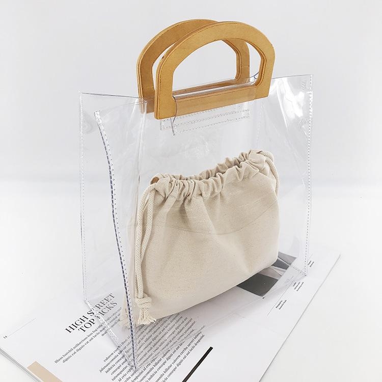 Wood Handle Horizontal Clear Handbags Tote with Inner Pouch