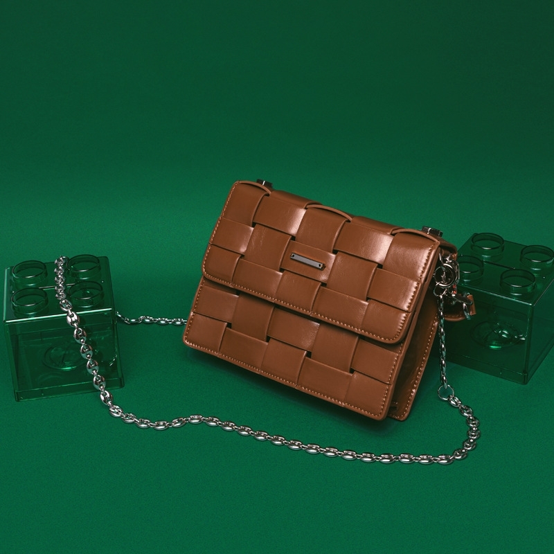 Brown Woven Leather Chain Bag Top Handle Crossbody Bag