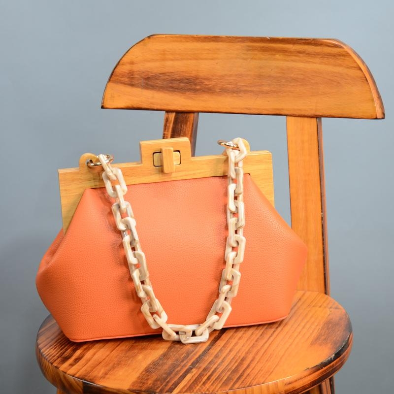 Orange Acrylic Chain Wooden Clip Shoulder Bags Vegan Leather Handbags