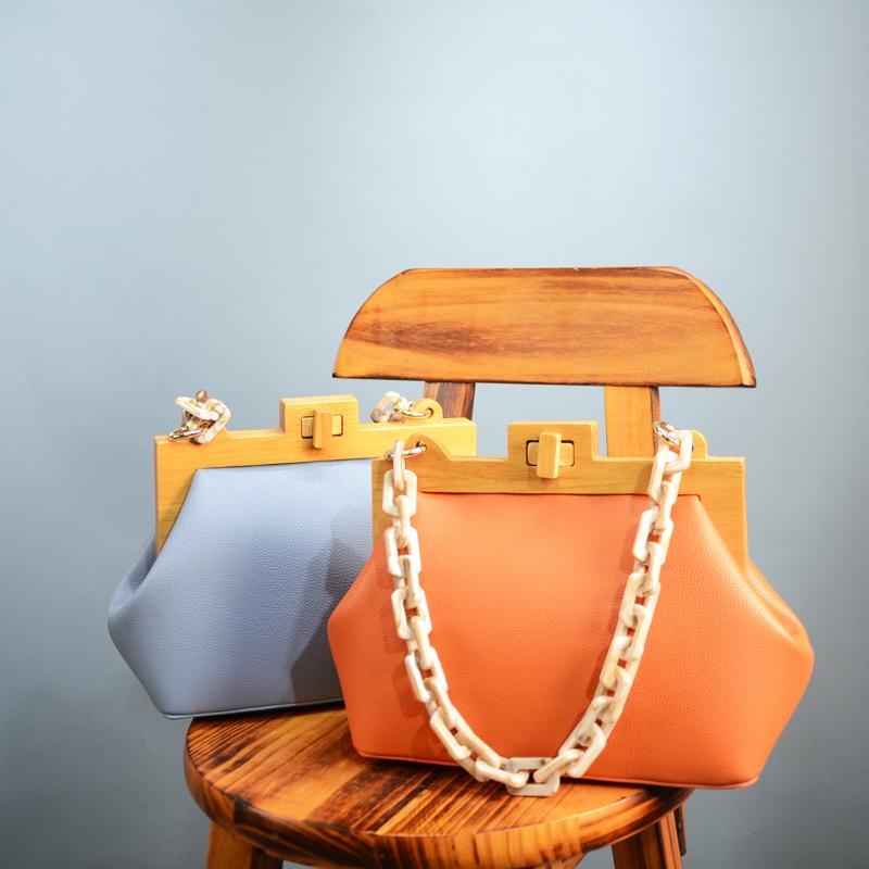 Orange Acrylic Chain Wooden Clip Shoulder Bags Vegan Leather Handbags