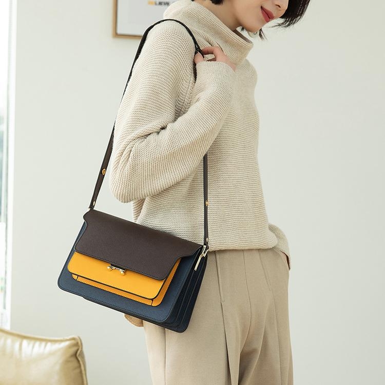 Yellow and Coffee Color Blocking Accordion Leather Crossbody Bags