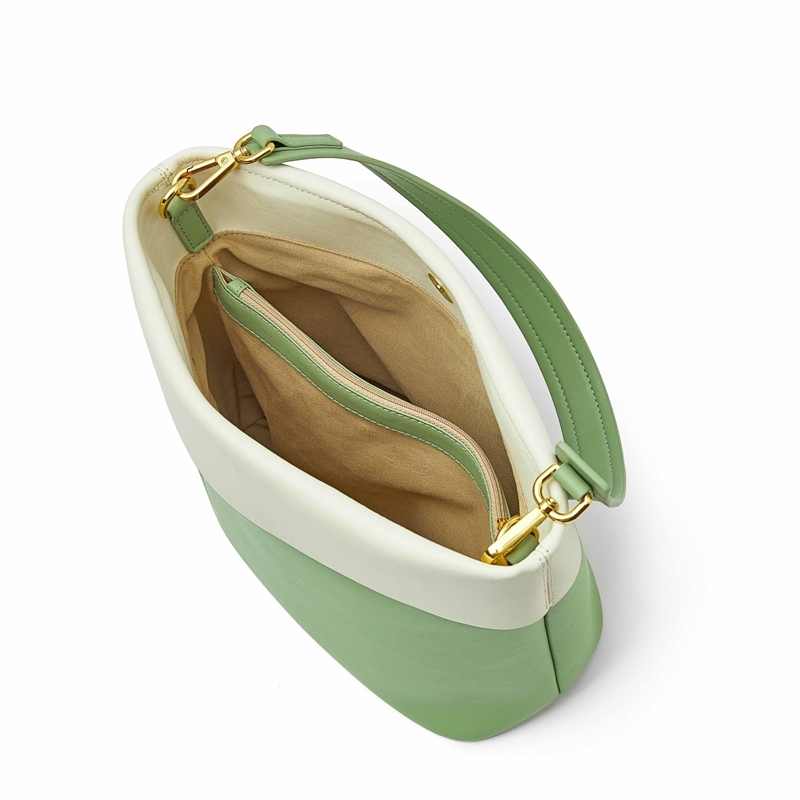 Green and White Leather Shoulder Bucket Bags with Inner Pouch