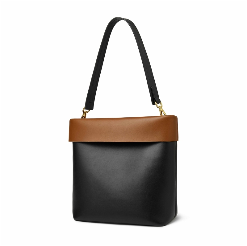 Black and Brown Leather Shoulder Bucket Bags with Inner Pouch