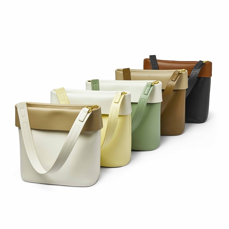 Yellow and White Leather Shoulder Bucket Bags with Inner Pouch