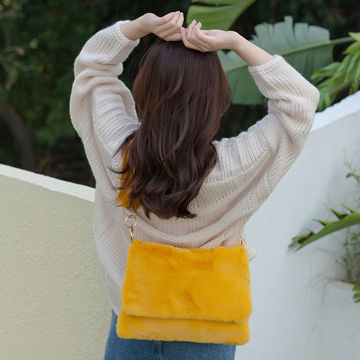 Yellow Faux Fur Shoulder Bags