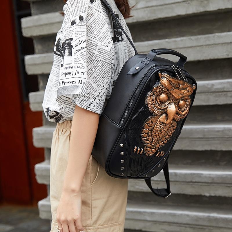 Yellow Genuine Leather Owl Embossed Everyday Backpack