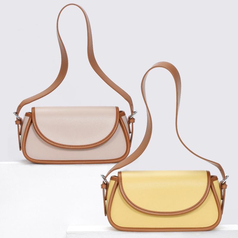 Yellow Genuine Leather Shoulder Bag Wide Strap Flap Satchel Bags 