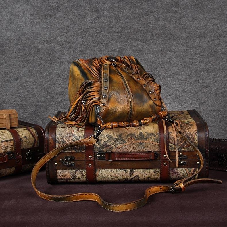 Yellow Leather Fringe Bag Shoulder Vintage Handbags with Bamboo Handle