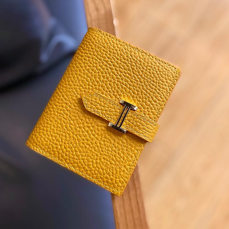 Yellow Litchi Grain Genuine Leather Wallet Short Wallet for Women