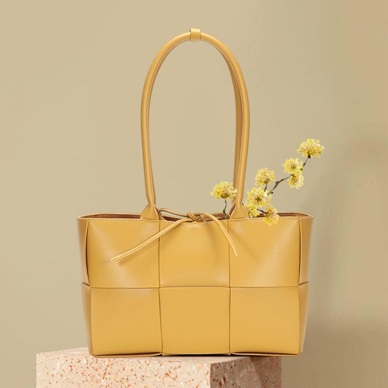 Yellow Woven Leather Basket Handbags Tote Bags